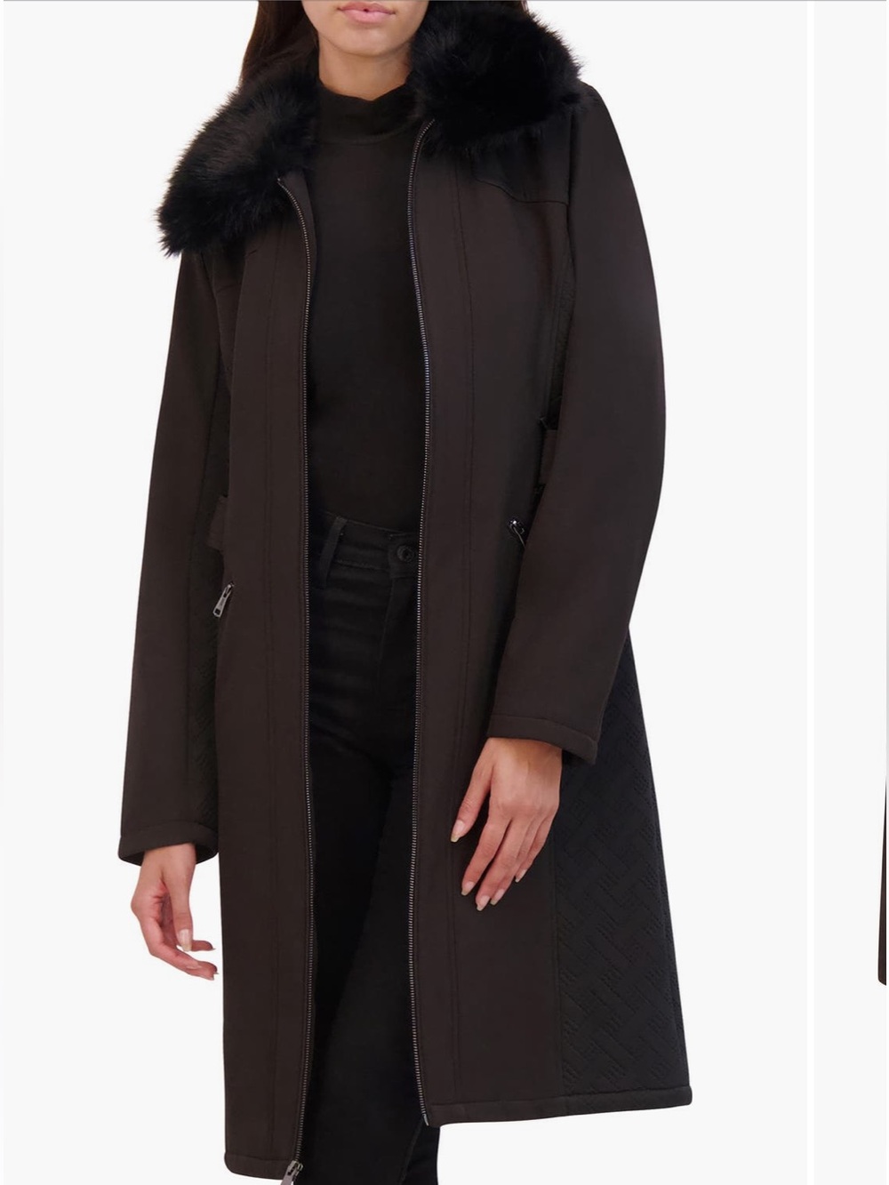 Belted Soft shell Longline Coat with Faux fur trim
